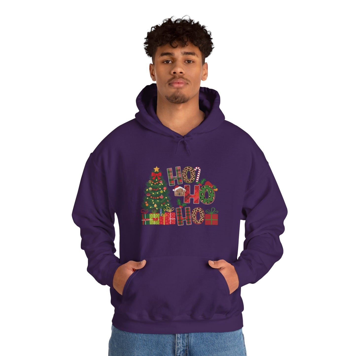 Christmas 'Ho Ho Ho' Hoodie with Tree & Gifts - Festive Holiday Sweatshirt