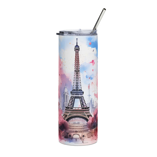 Paris Eiffel Tower 20oz Stainless Steel Tumbler — Watercolor Cherry Blossom Travel Mug
