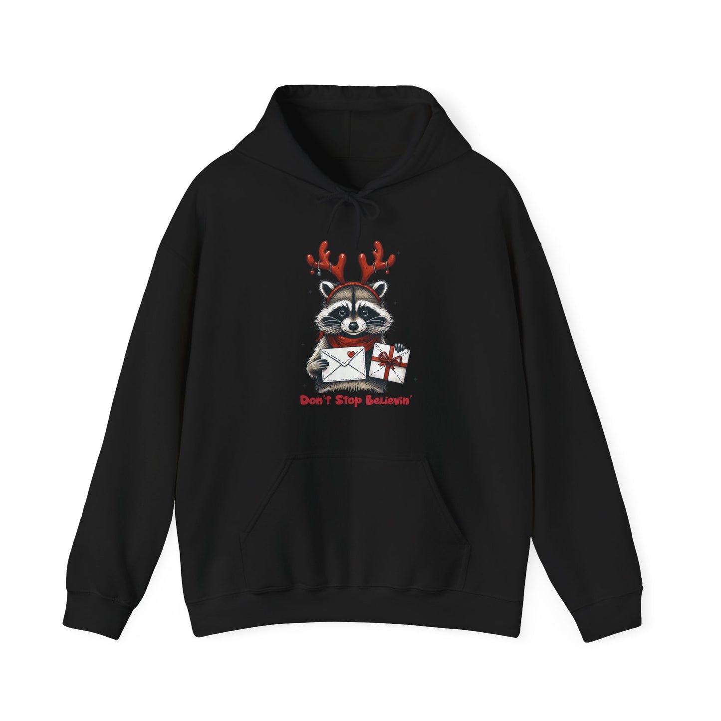 Christmas Raccoon Hoodie — 'Don't Stop Believin'' Festive Holiday Sweatshirt