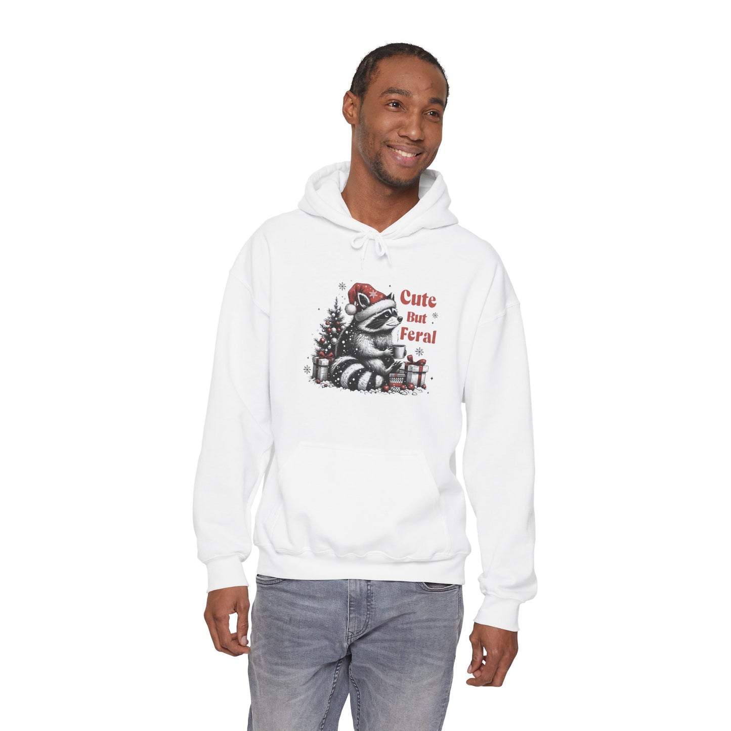 Cute But Feral Raccoon Holiday Hoodie — Christmas Animal Graphic Sweatshirt