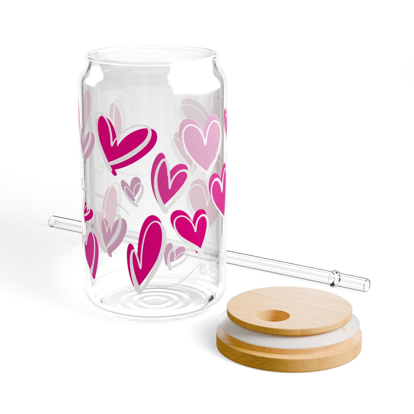 16oz Heart Pattern Sipper Glass with Bamboo Lid & Straw — Pink Valentine Drink Tumbler