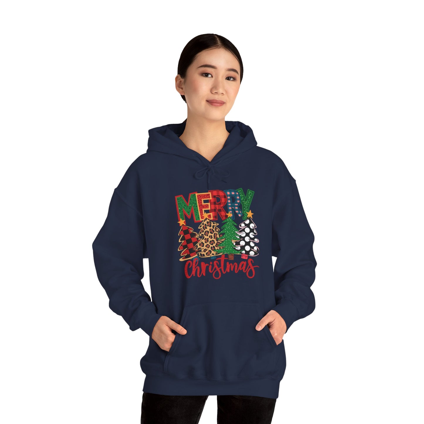 Merry Christmas Pine Tree Hoodie — Festive Buffalo Plaid Holiday Sweatshirt