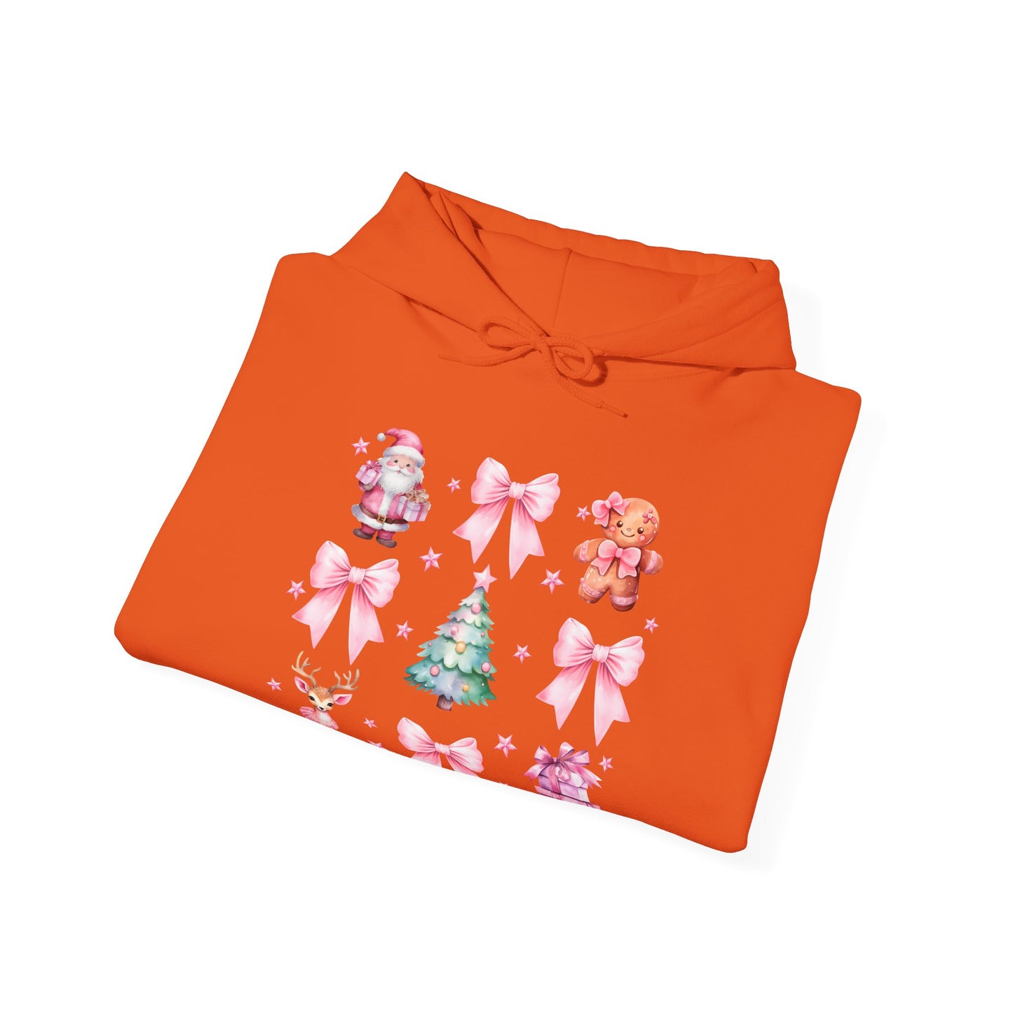 Christmas Graphic Hoodie — Pink Holiday Icons (Santa, Tree, Gingerbread, Bows)