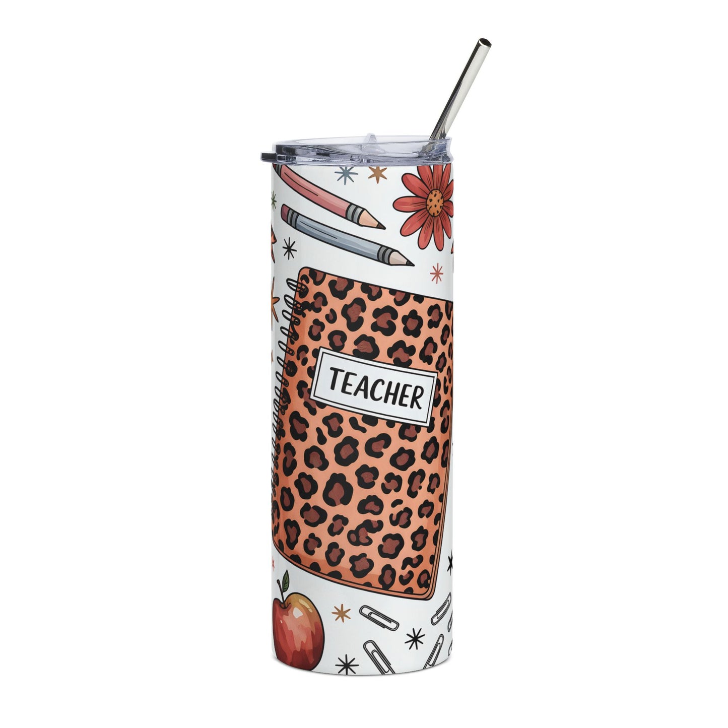 Teacher Leopard Print 20oz Stainless Steel Tumbler — Coffee & School Supplies Design