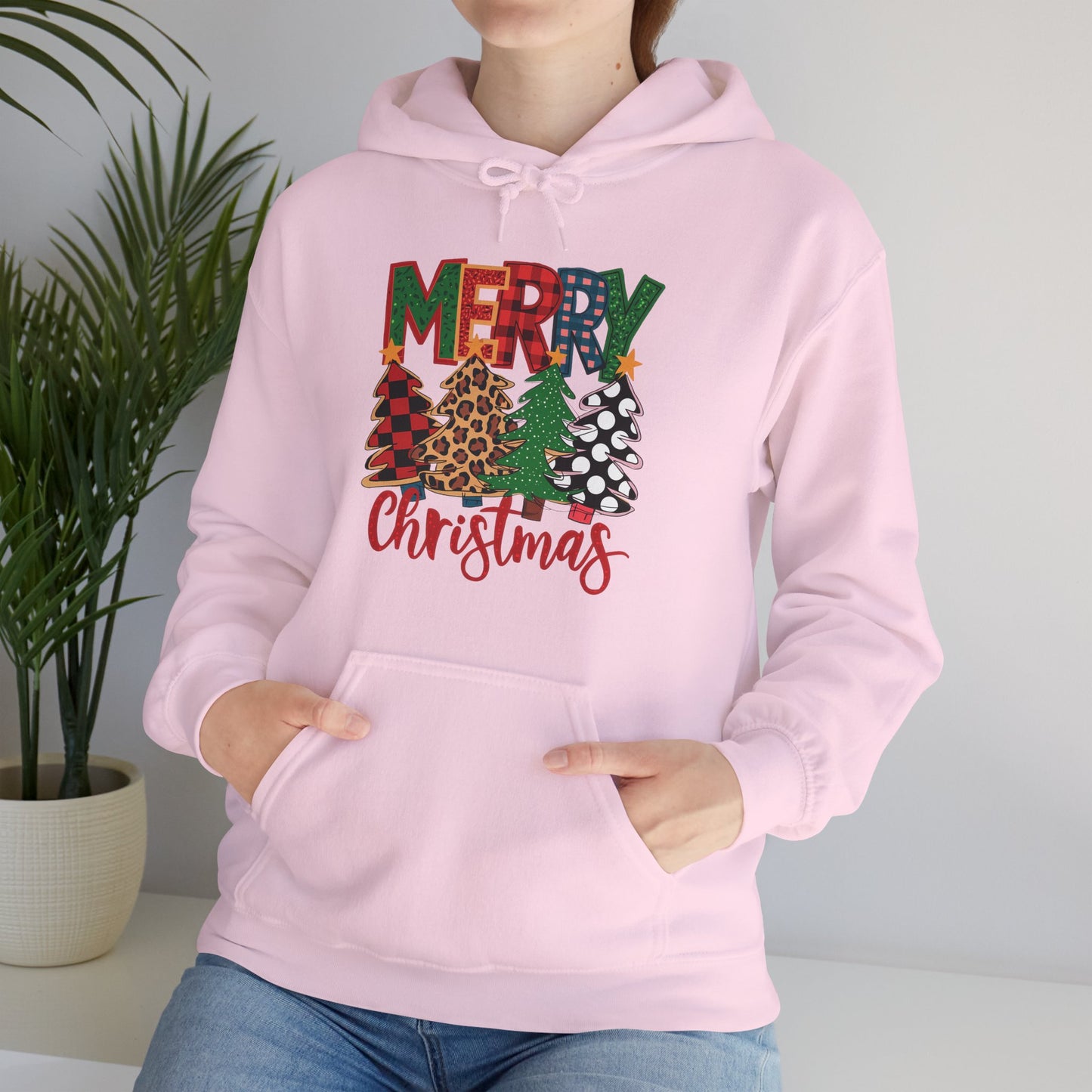 Merry Christmas Pine Tree Hoodie — Festive Buffalo Plaid Holiday Sweatshirt